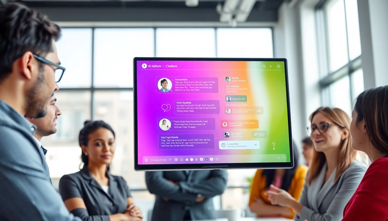 Showcasing an AI chatbot for website interface in a collaborative office environment.