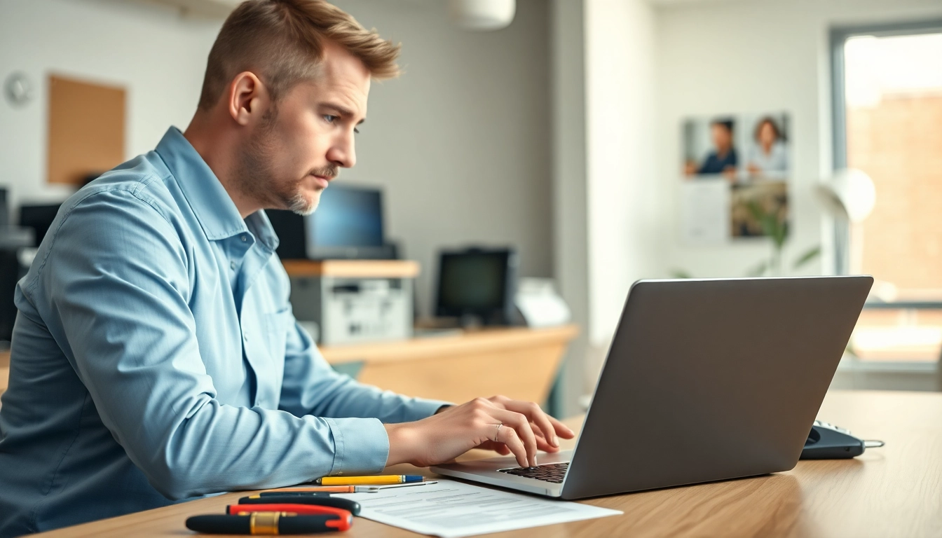 Computer services technician troubleshooting a laptop in a modern office.