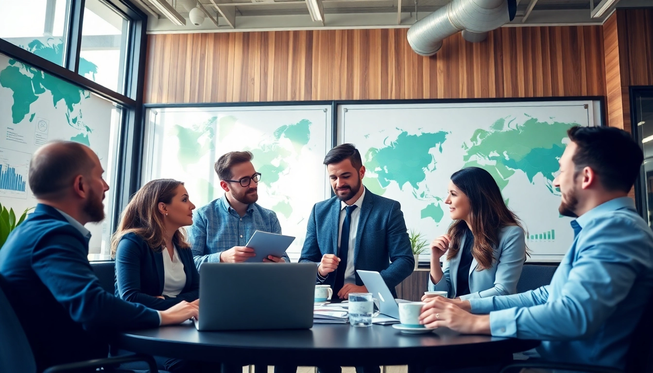 Export agents collaborating in a modern office, illustrating teamwork and international trade dynamics.
