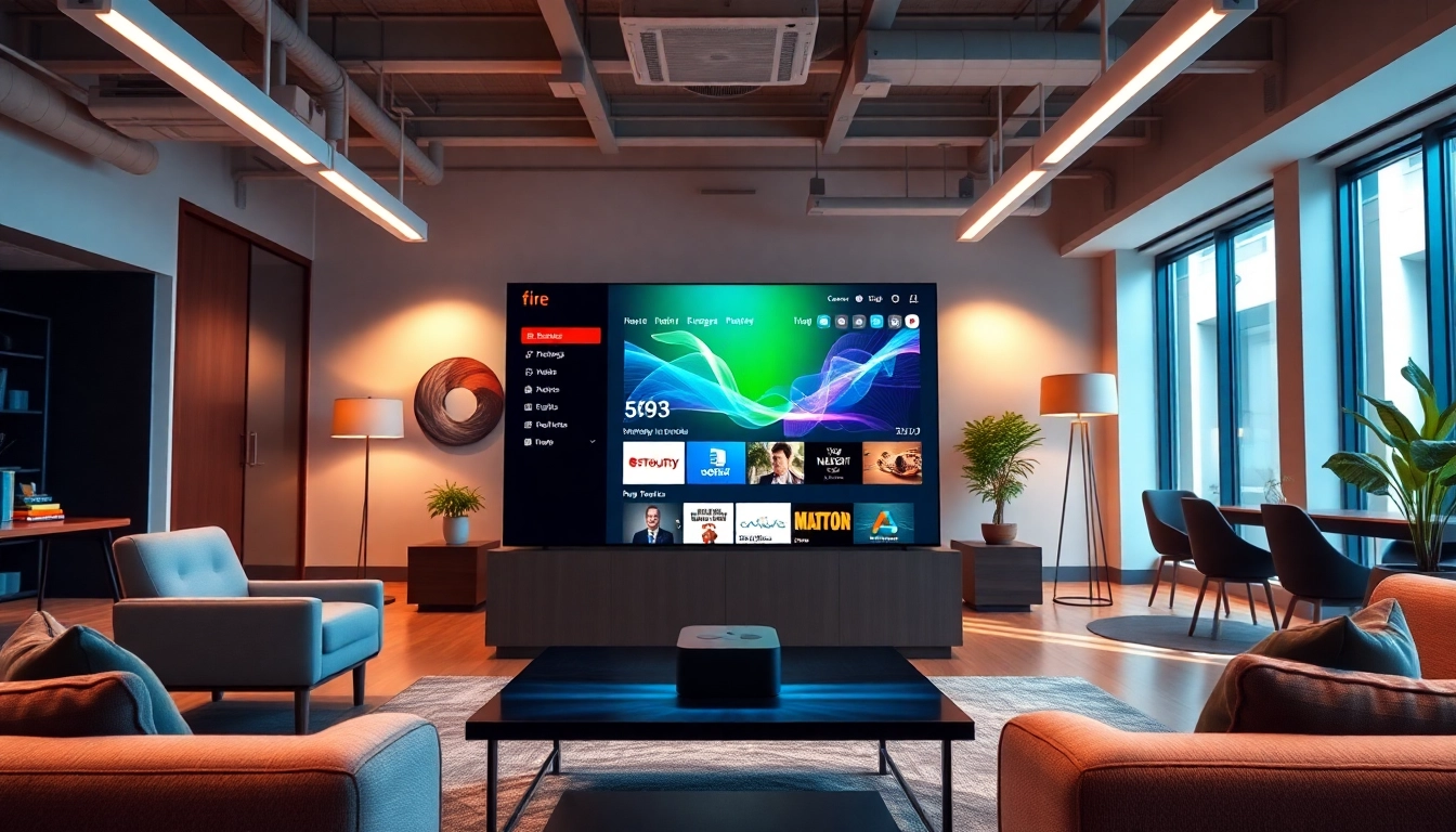 Showcase of Fire TV digital signage app interface in a modern workspace setting.