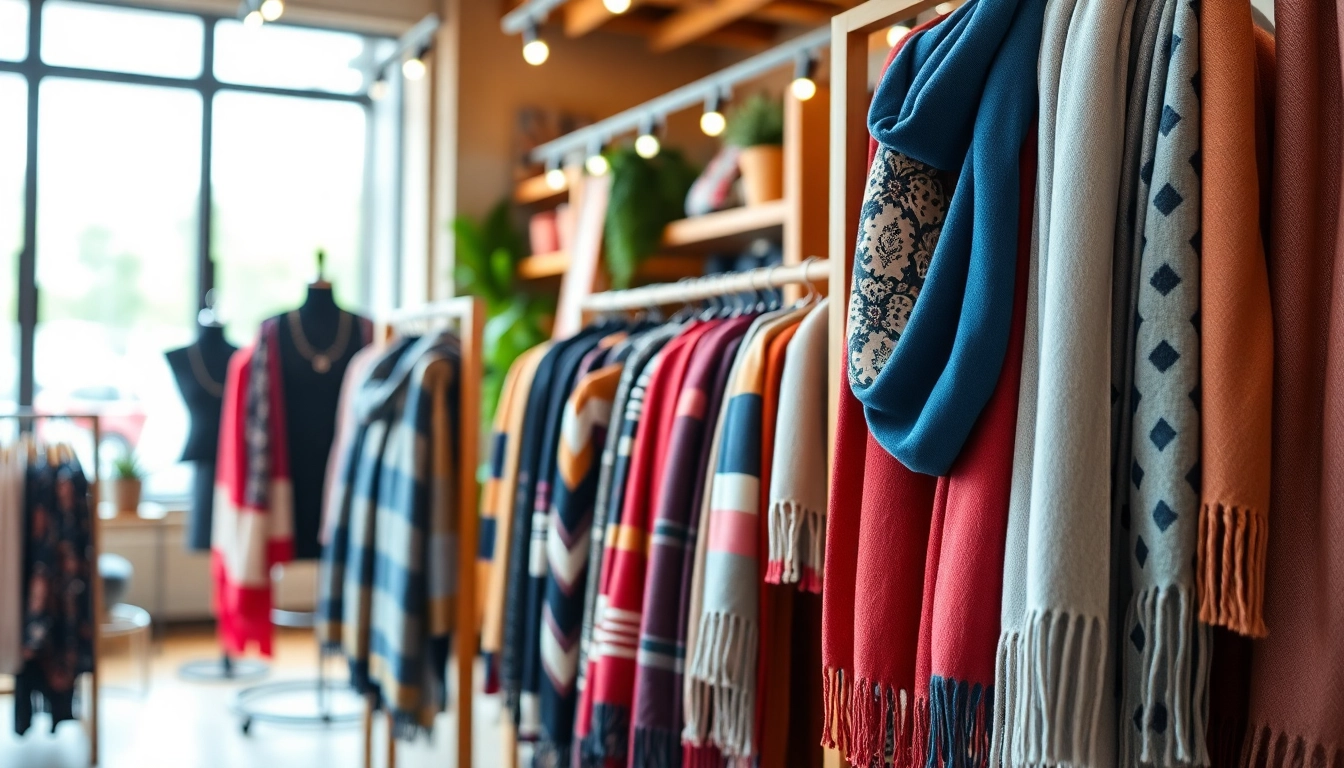 Shop vibrant scarves near me in a cozy boutique showcasing various styles and colors.