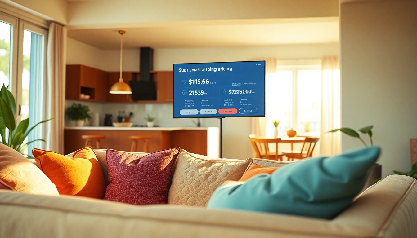 Maximize smart Airbnb pricing potential with a vibrant living room displaying data insights