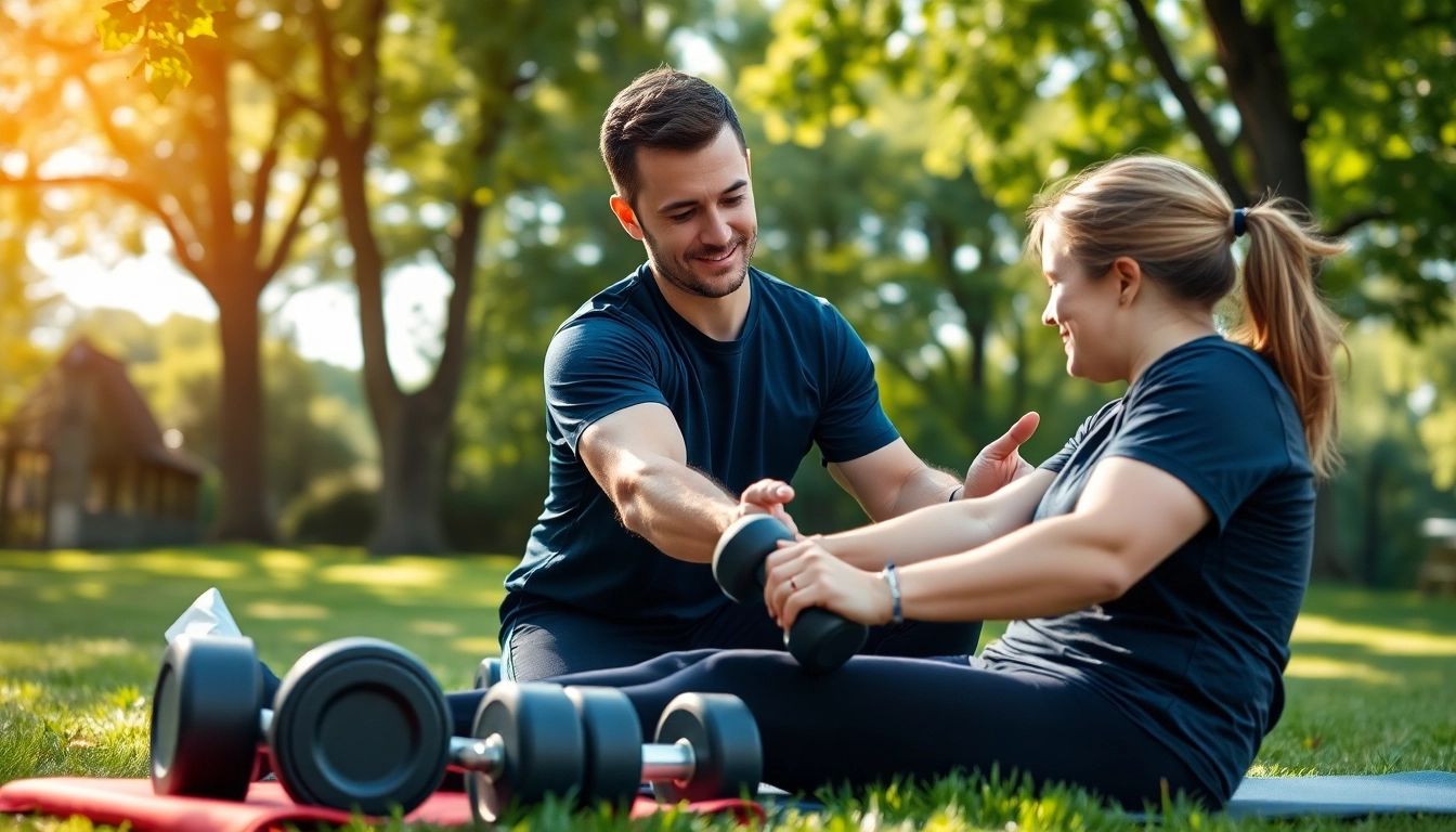 Find a personal trainer helping a client in a sunny park, showcasing a dynamic outdoor workout.