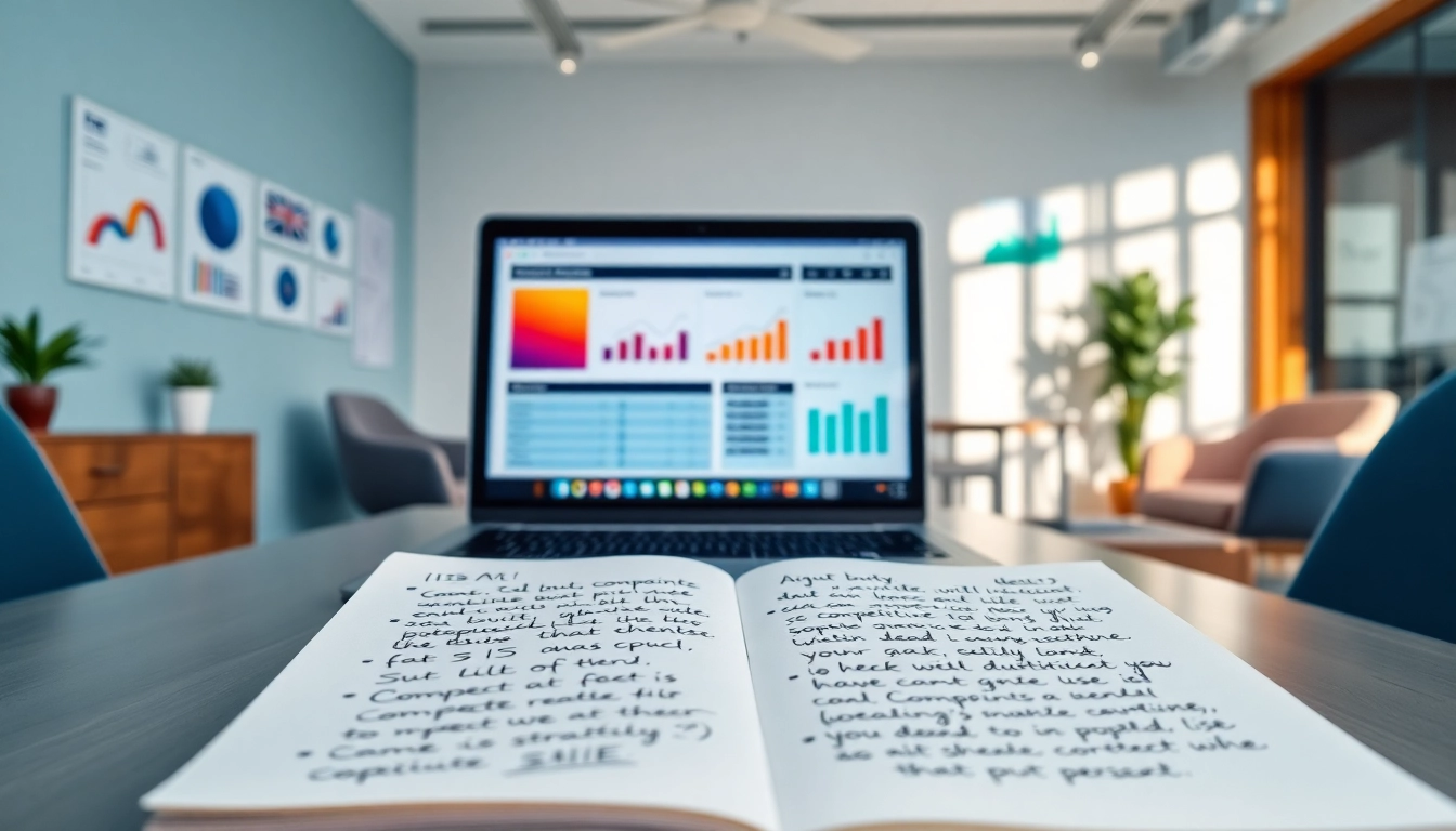 Generating ai prompts for competitor analysis on a laptop in a vibrant office setting.