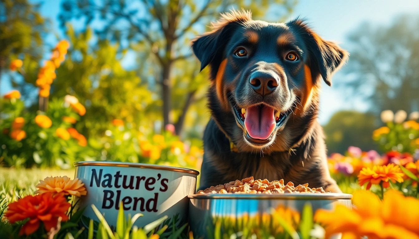 Dog happily eating nature's blend dog food in a sunny park setting, enjoying vibrant surroundings.