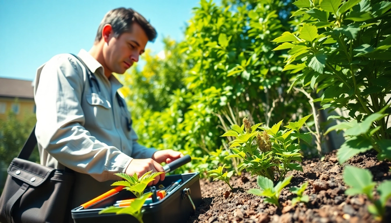Pest management technician analyzing a residential garden for pest control solutions, showcasing professionalism.