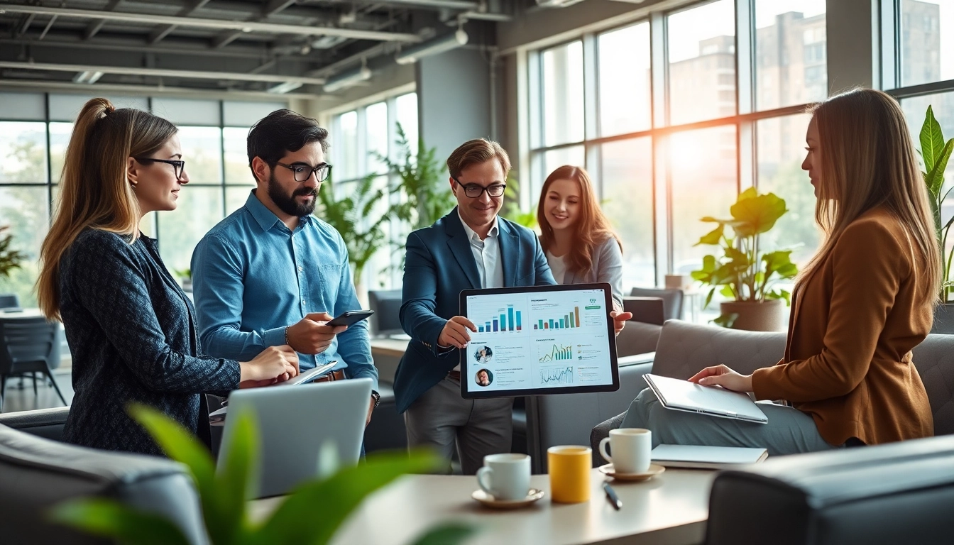 B2B buyer collaborating with colleagues in a modern office setting, showcasing digital insights.