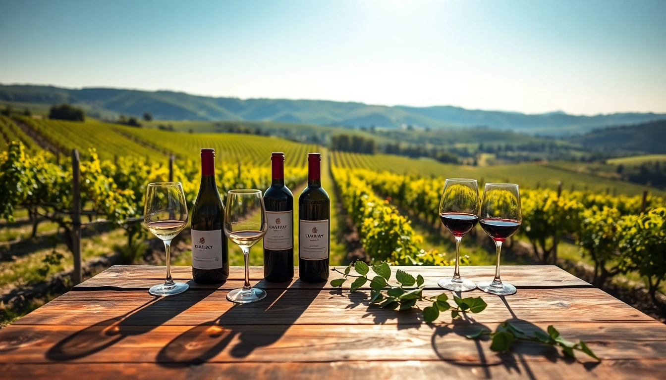 Experience the joy of Winery membership through a beautiful vineyard setting with wine bottles and glasses.