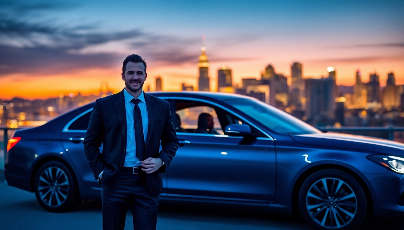 Experience Vancouver car service with a professional chauffeur next to a luxury sedan in the city.
