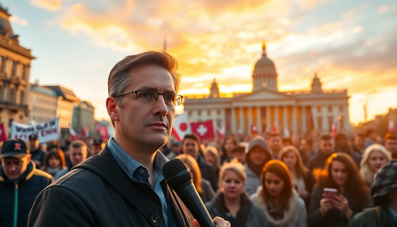 Report on world news as a journalist interviews crowd in city square.