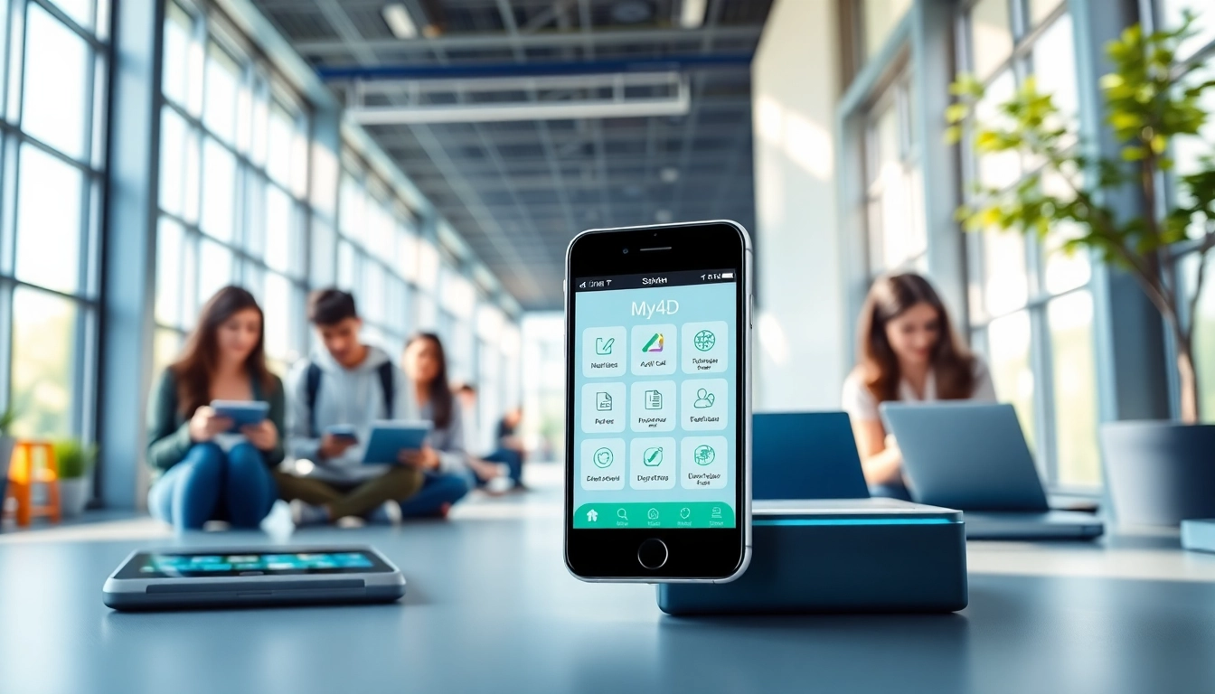 Navigate the features of my4d app on a smartphone in a bright university setting.