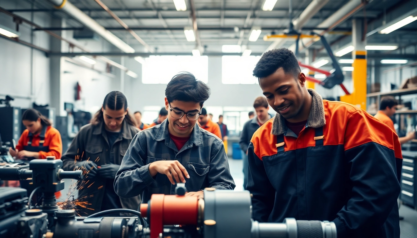 Students in a trade school Knoxville TN actively engaged in welding and automotive repair training.