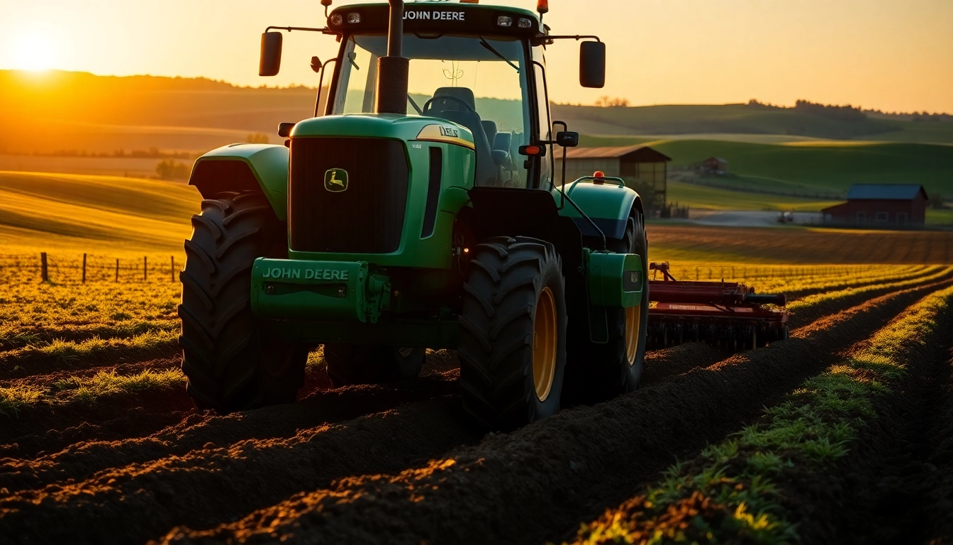 Der John Deere Traktor bearbeitet den Boden auf einem malerischen Feld.