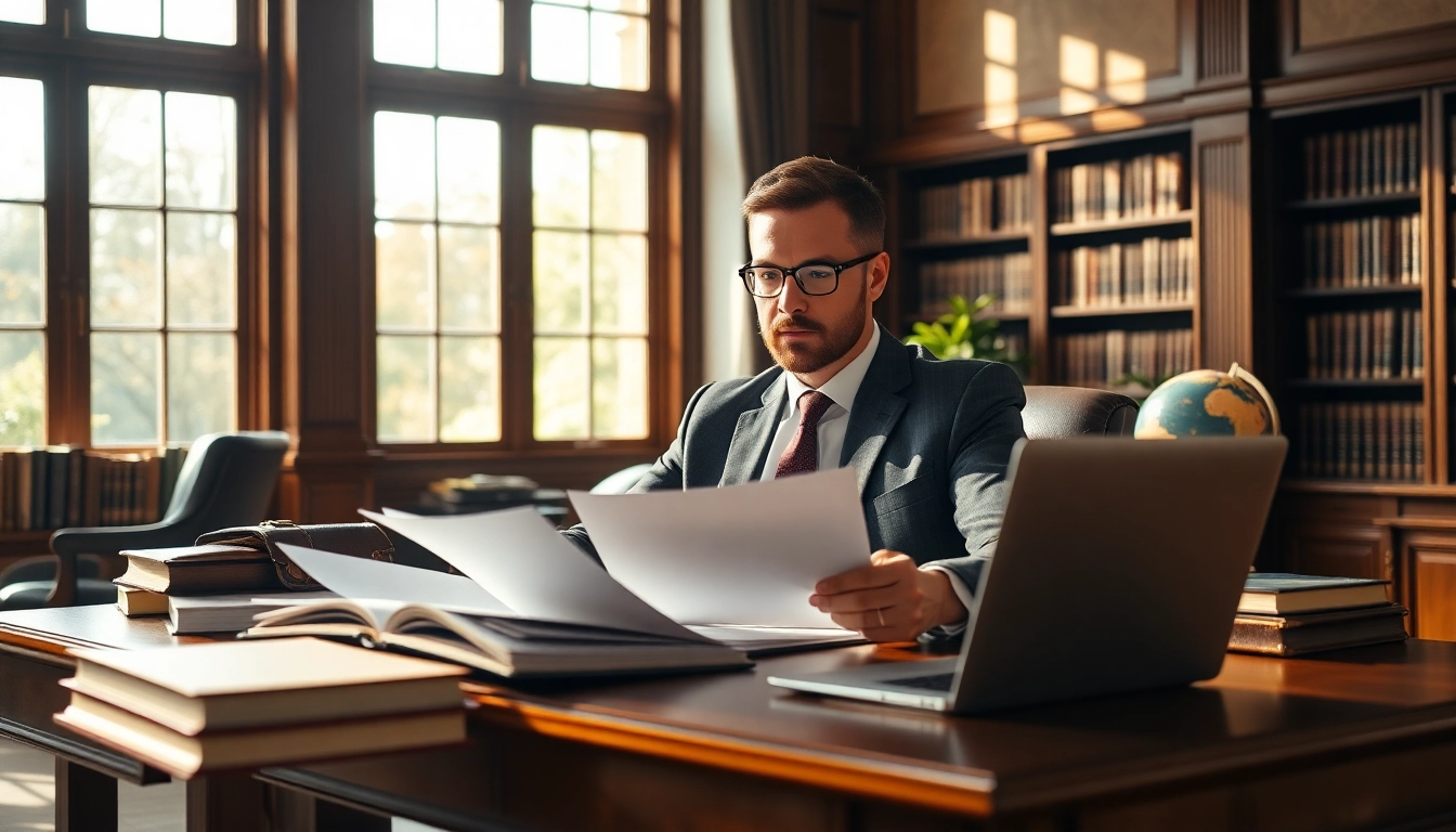 Intellectual property lawyer reviewing documents in a sophisticated office.