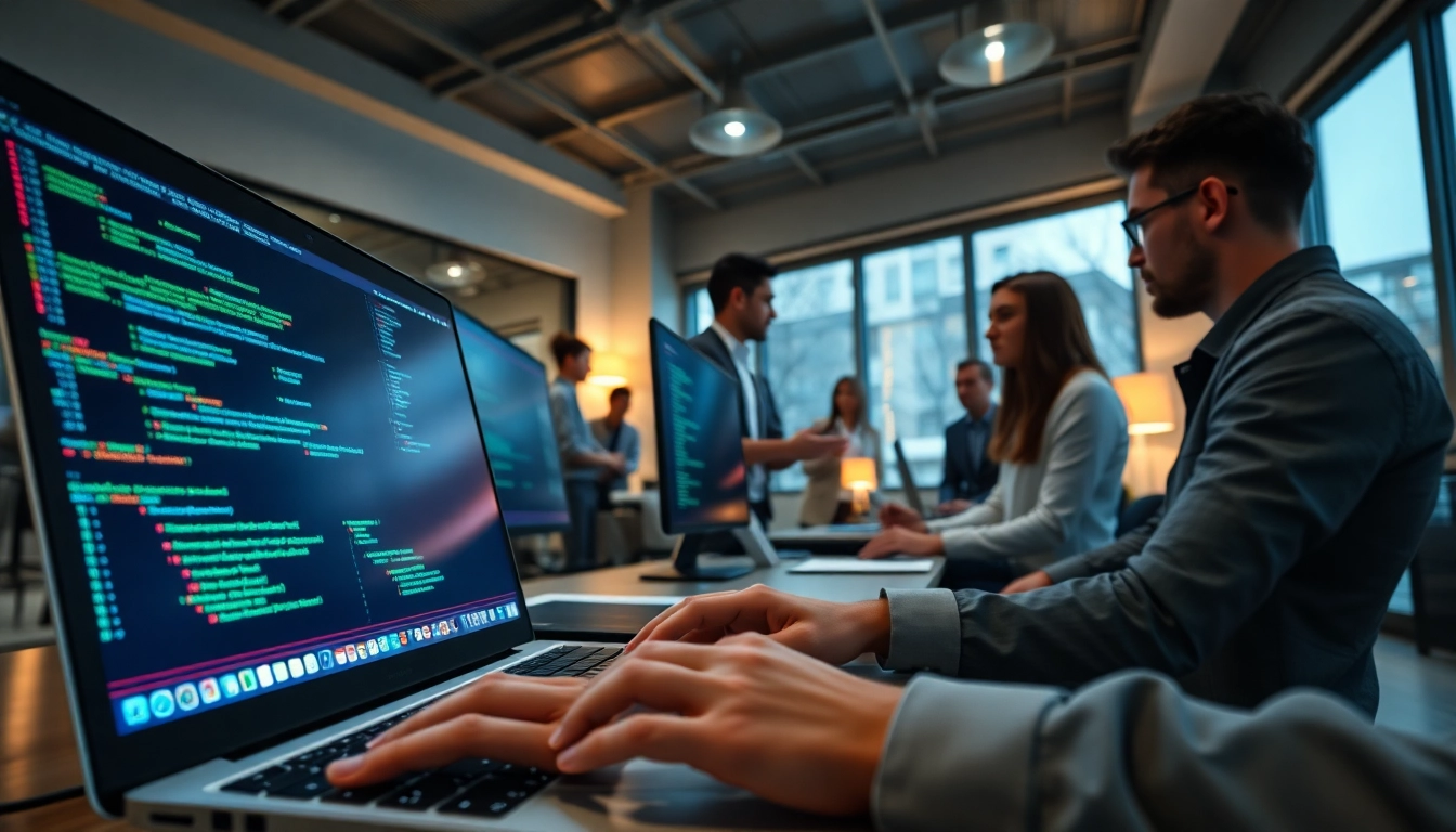 Ethical Hacking Experten analysieren Daten in einem modernen Büro mit verschiedenen Bildschirmen.