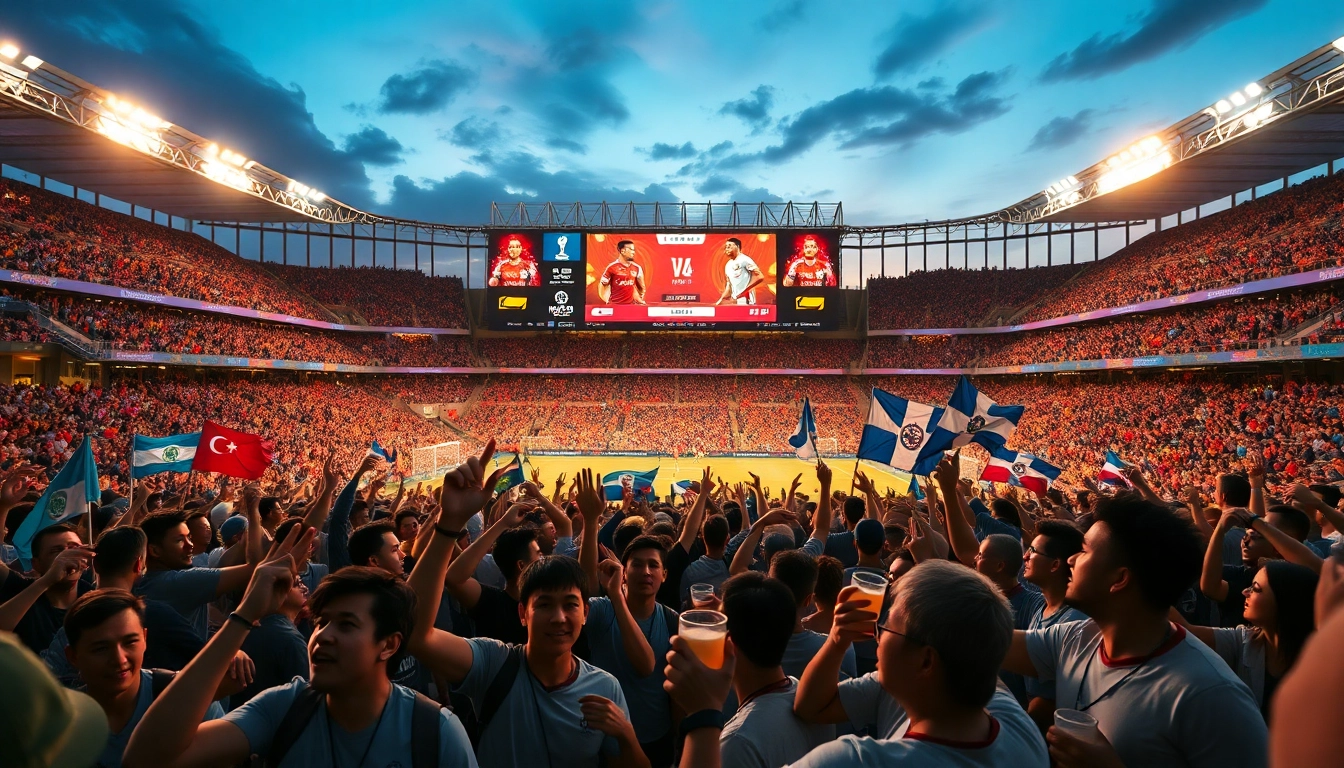 Experience the thrill of live matches in a packed stadium, with fans celebrating and vibrant atmosphere.