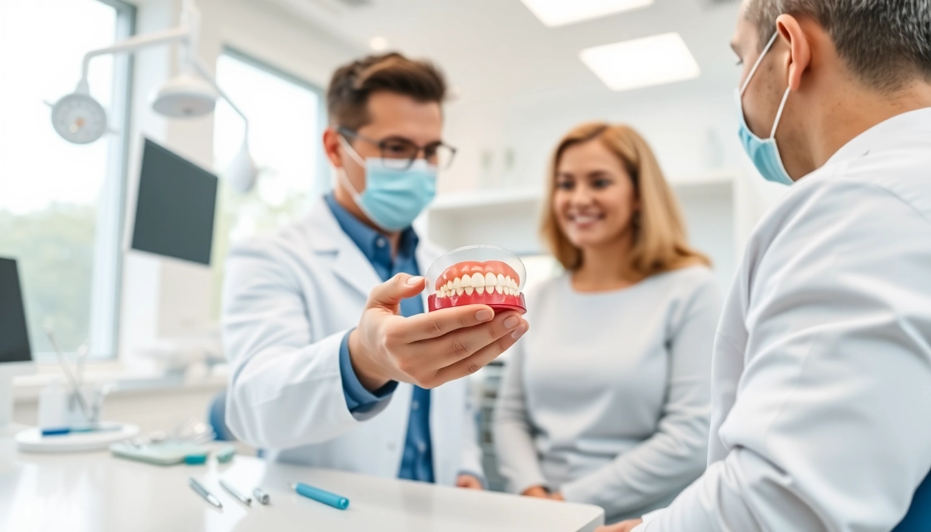 Learn about dental bridges with a dentist highlighting the model in a bright clinic.
