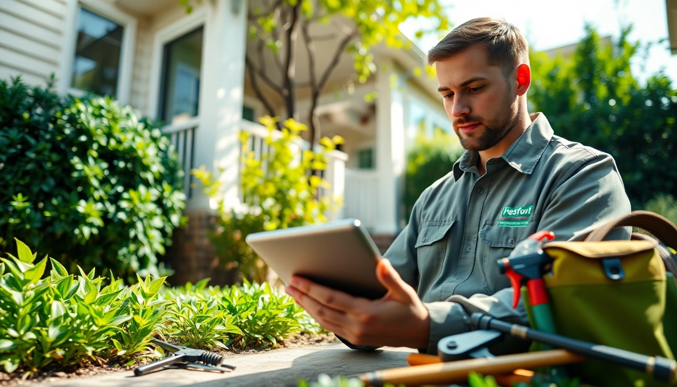 Pest management technician assessing a home's garden for effective pest control measures.