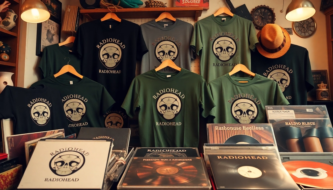 Showcase of Radiohead merch with vibrant t-shirts and vinyl records in a cozy setting.