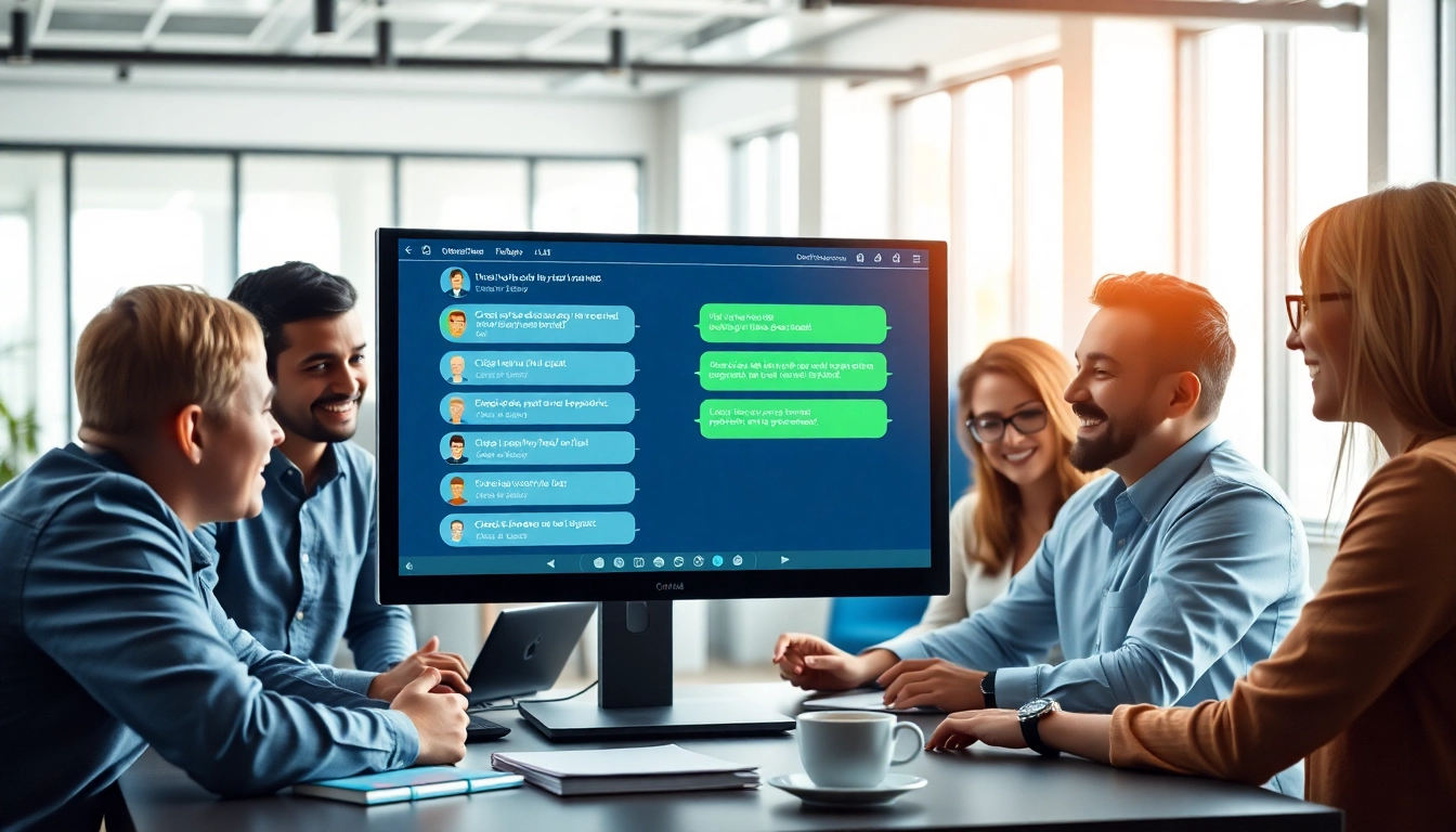 Engaging website chatbot interface showcased with a collaborative team in a modern setting.