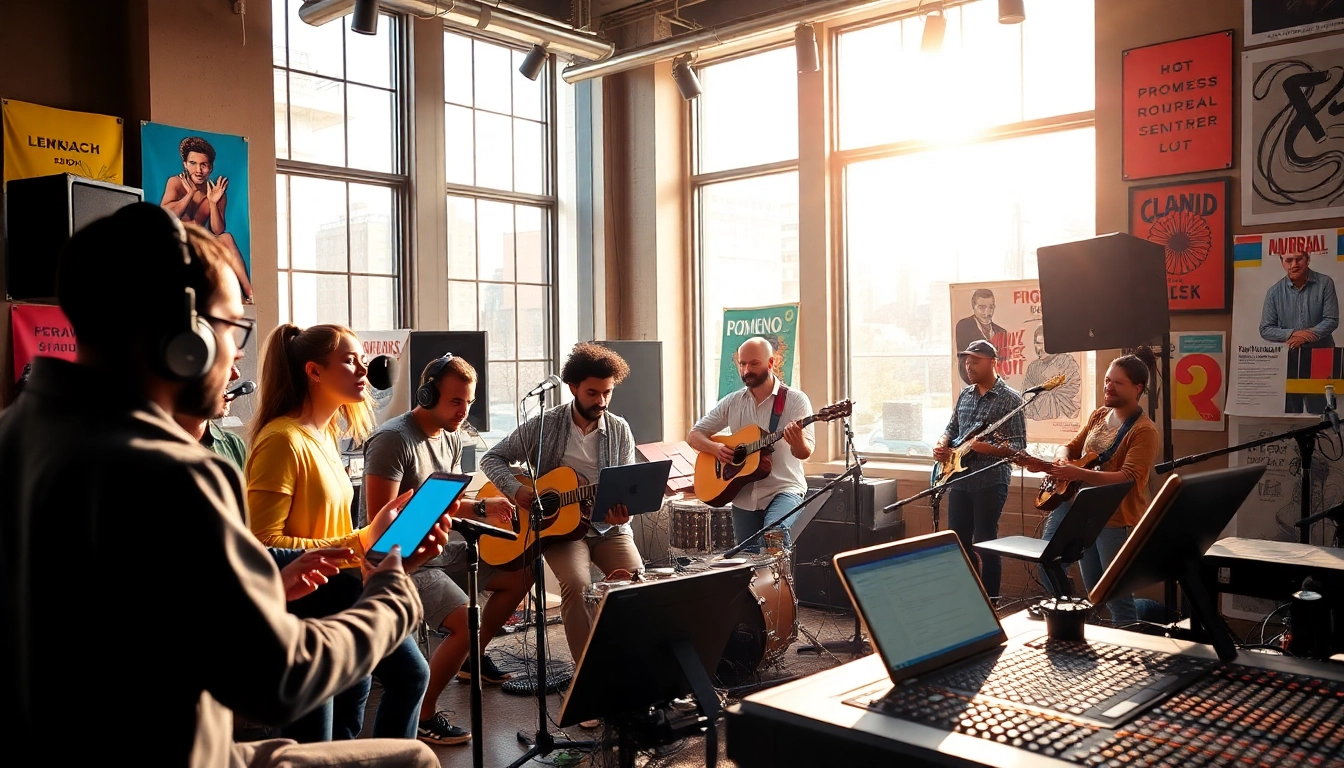 Showcasing effective music promotion services engaging artists in a creative studio environment.