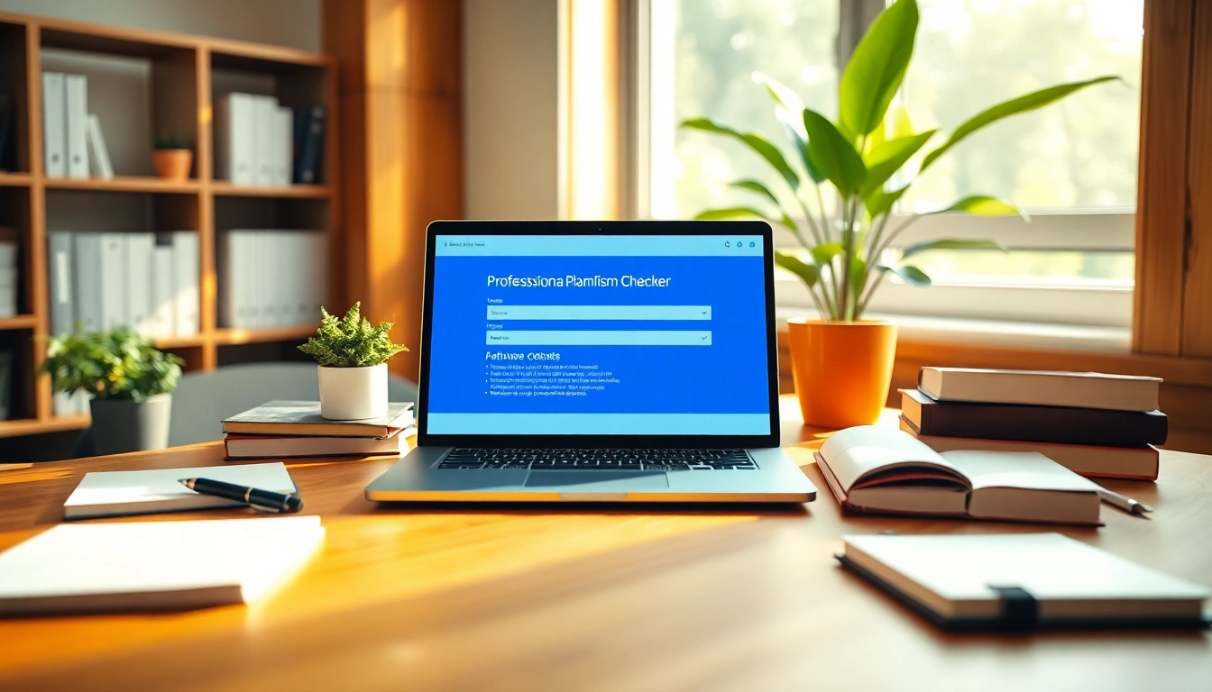 Use a plagiarism checker on a laptop amidst educational materials for optimal writing.