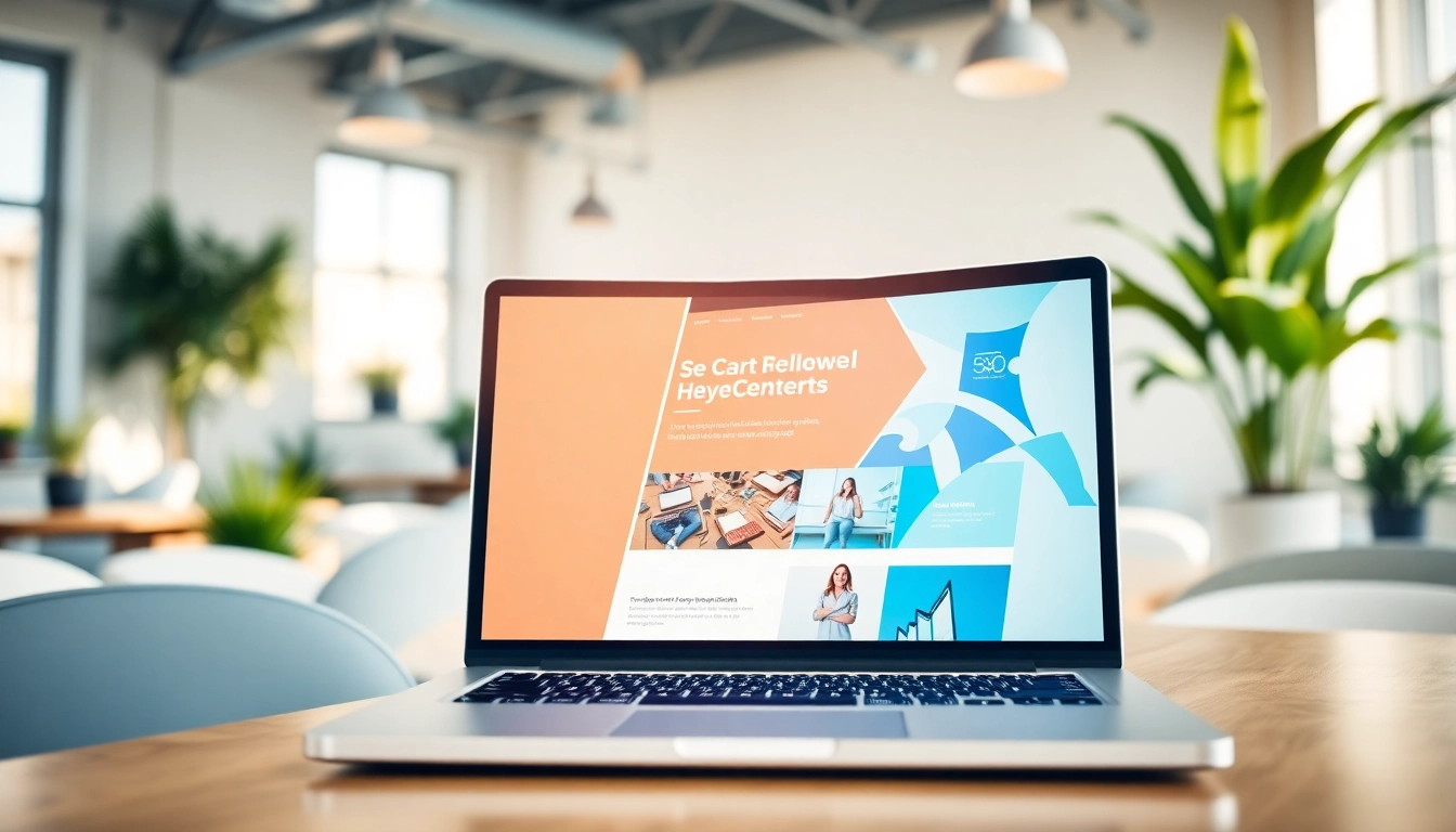 Showcase of website design on a laptop in a modern workspace, highlighting creativity and professionalism.