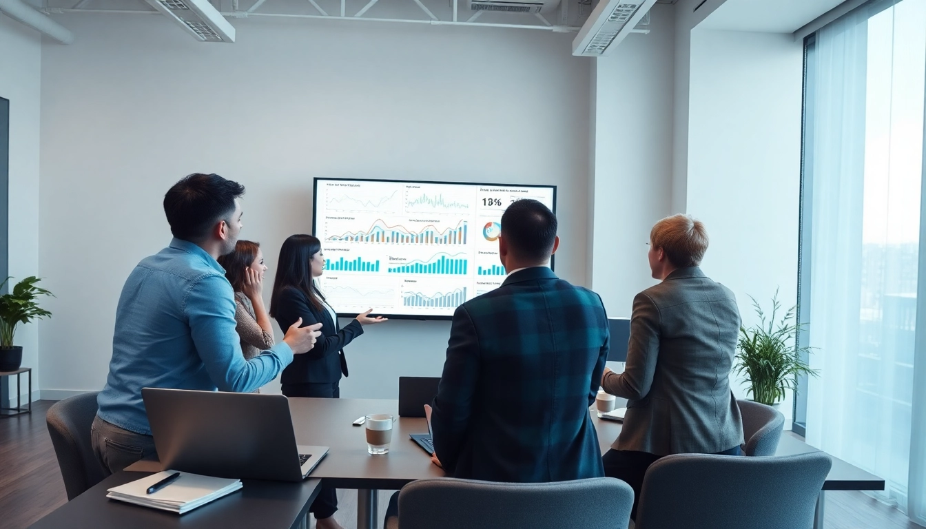 Analyze competitive intelligence data with a team in a modern office, featuring graphs and charts.