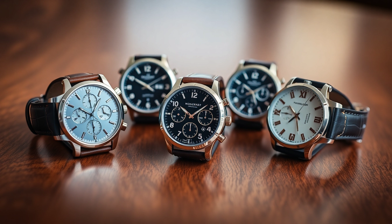 Herren Armbanduhren stilvoll präsentiert auf einem eleganten Holzuntergrund.