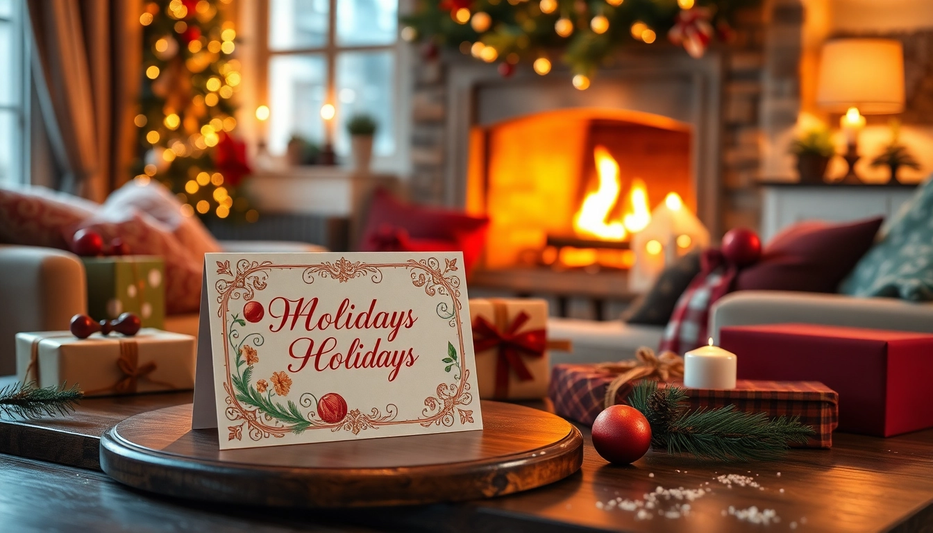 Create stunning holiday cards London in a warm, inviting living room with festive decor.