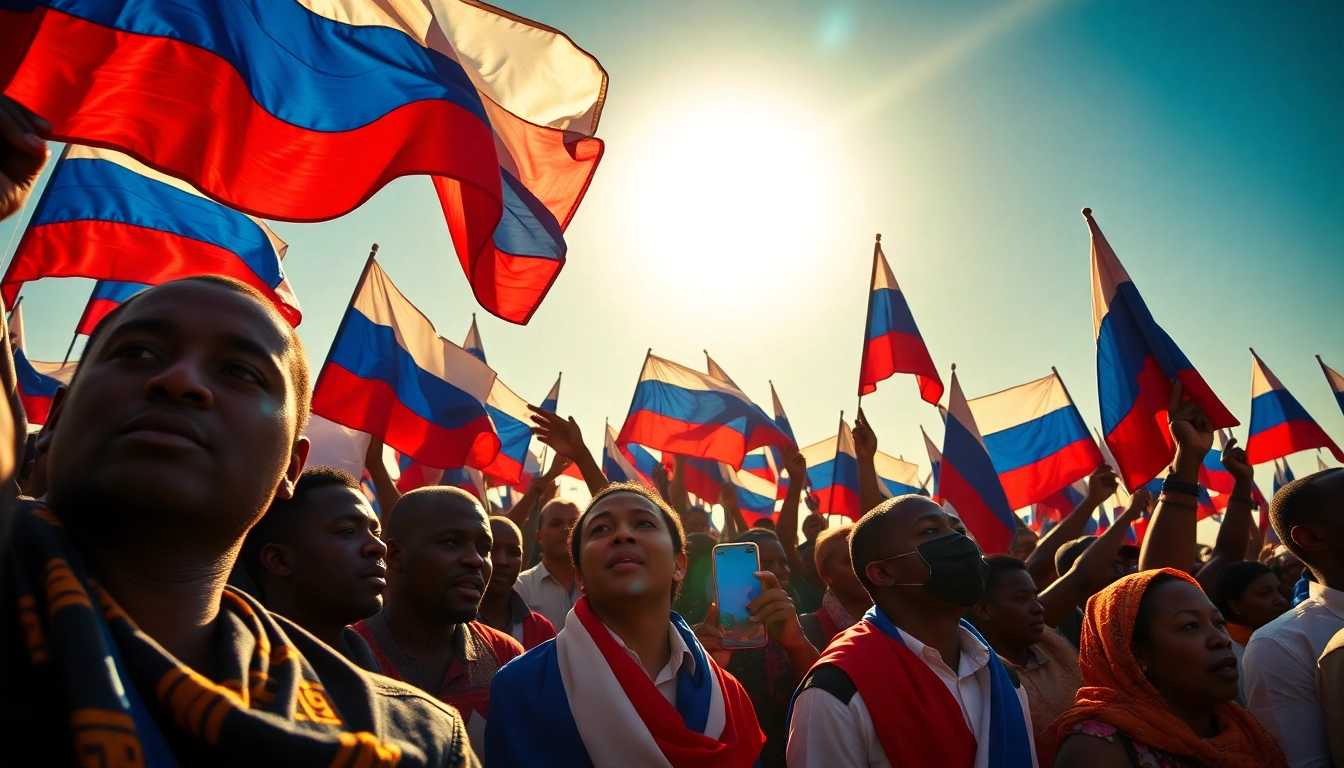 Illustrate soutien de l’Afrique à la Russie with vibrant crowd during a political rally, showcasing unity and determination.