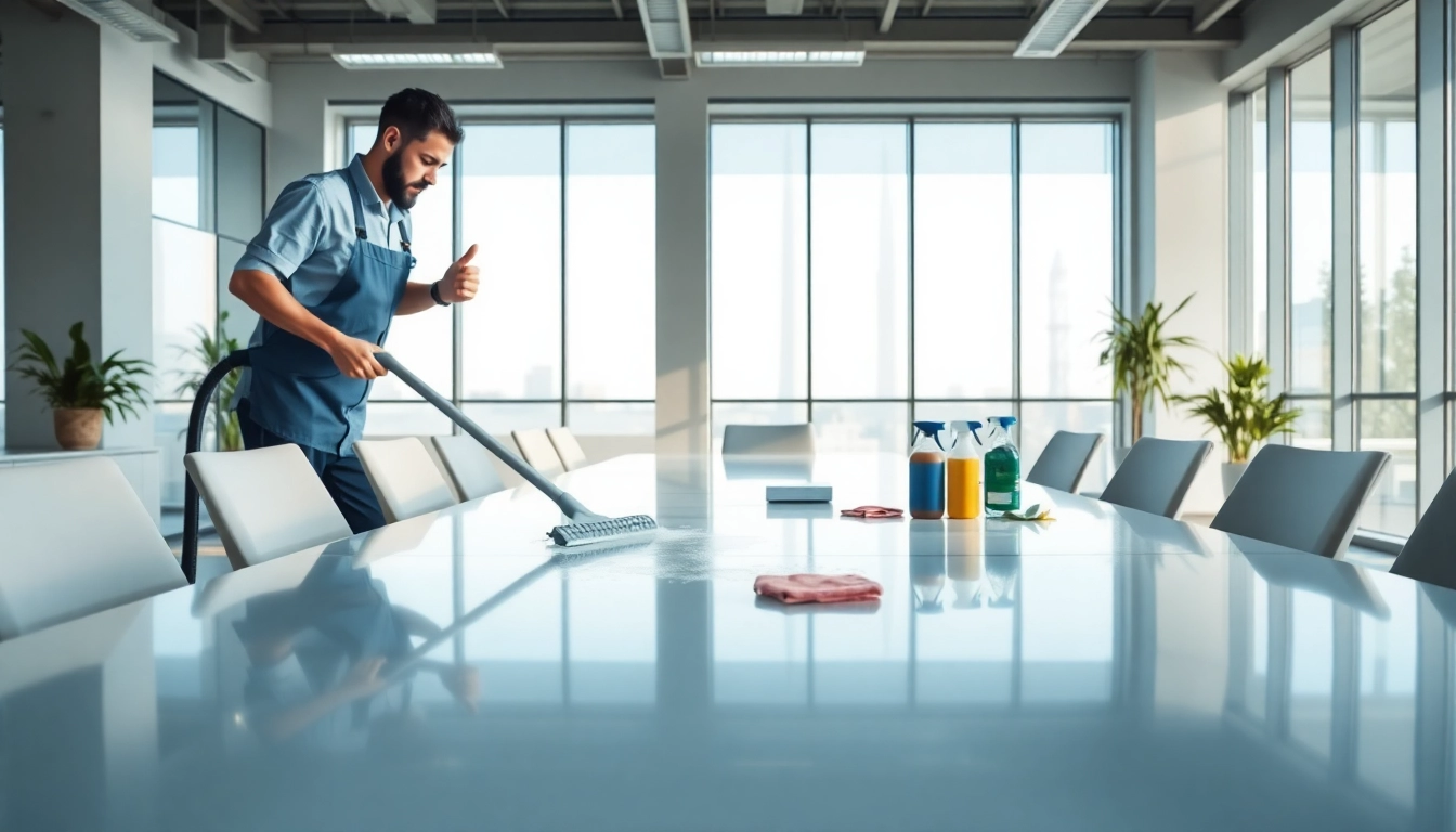 Office cleaning professional vacuuming in a modern workspace, showcasing cleanliness and organization.