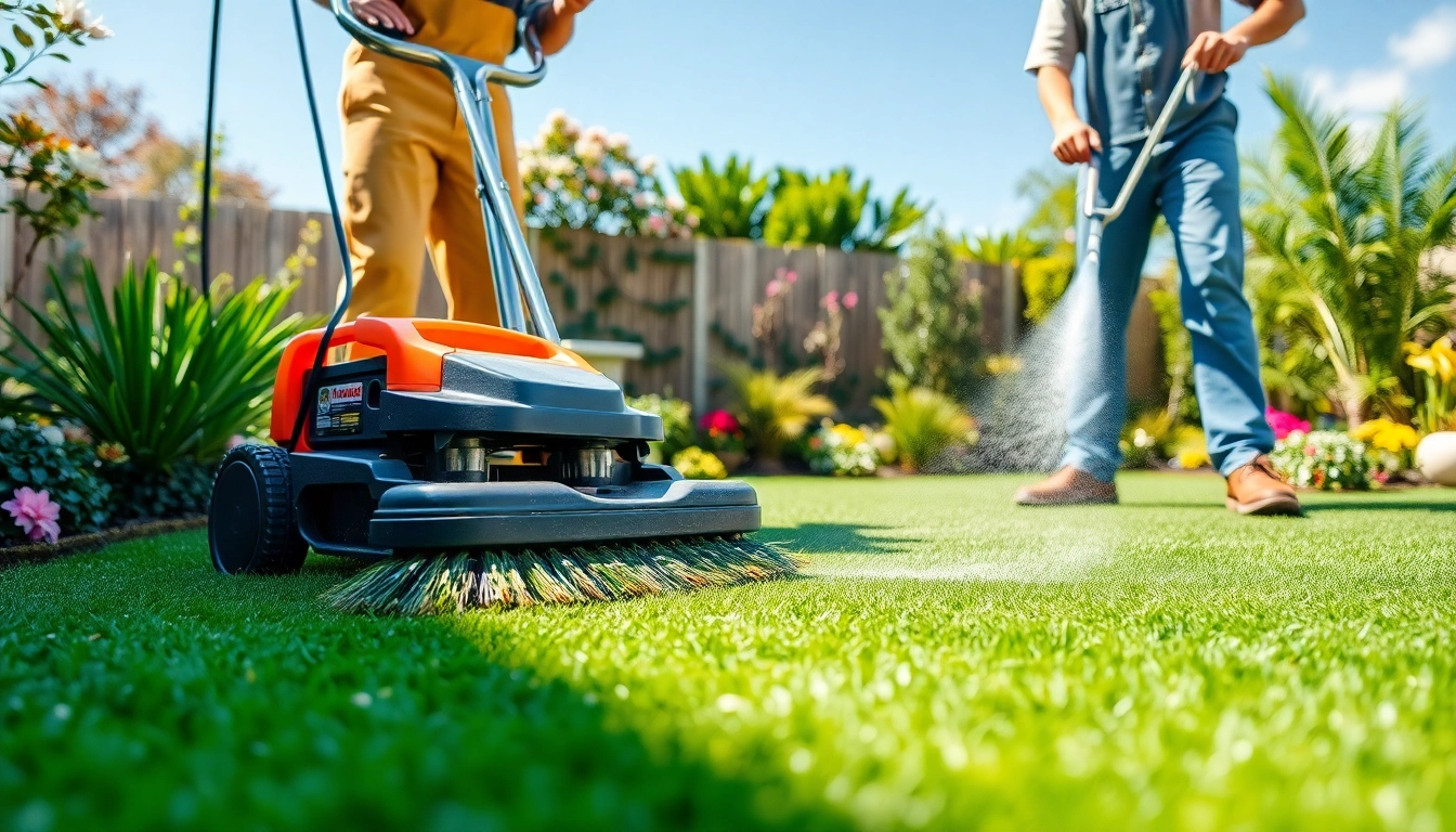 Cleaning artificial turf with a technician in a vibrant backyard, showcasing the process and vibrant surroundings.