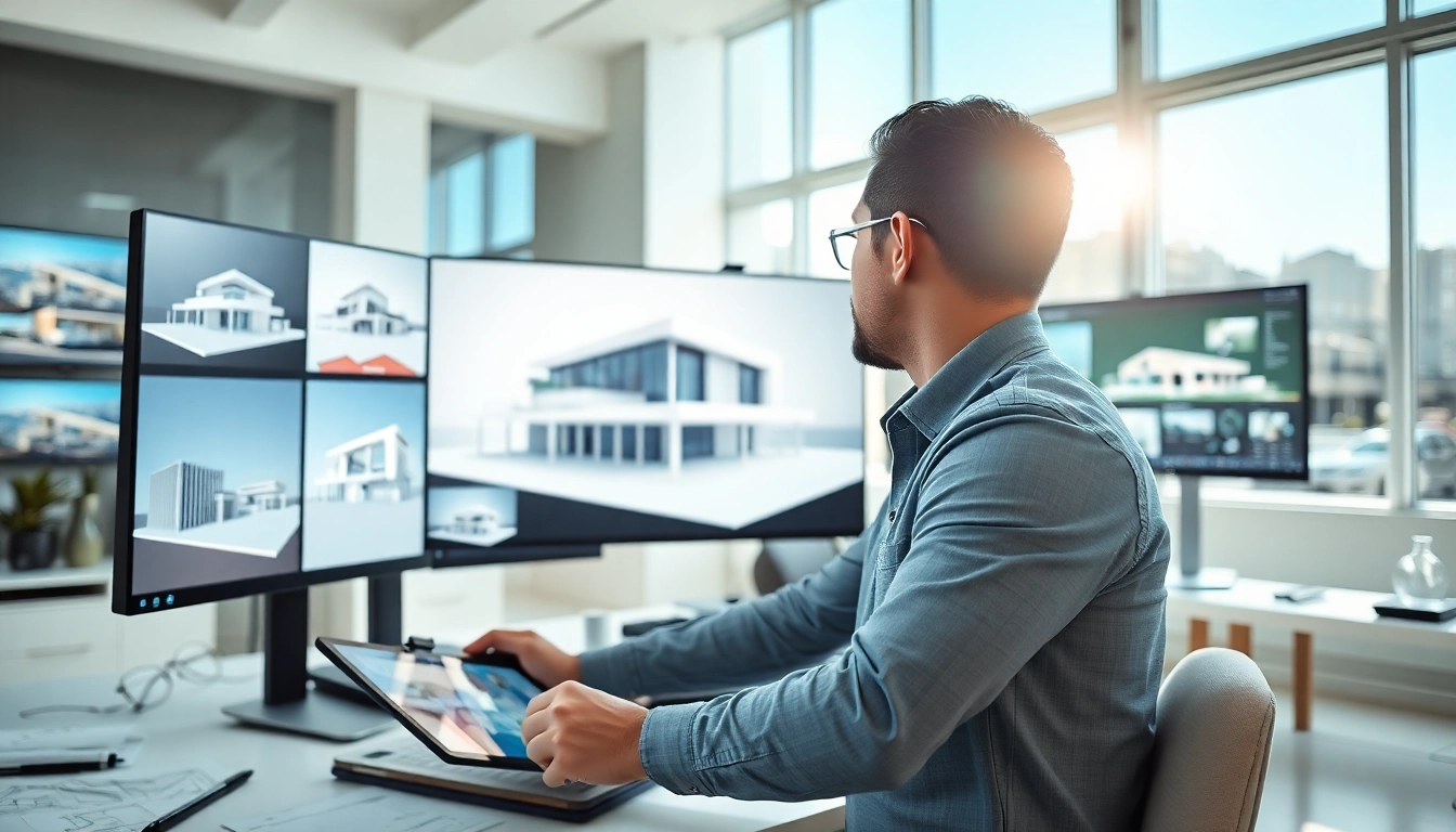 3D Visualisierung in einem modernen Studio mit einem Künstler, der an einem Computer arbeitet.