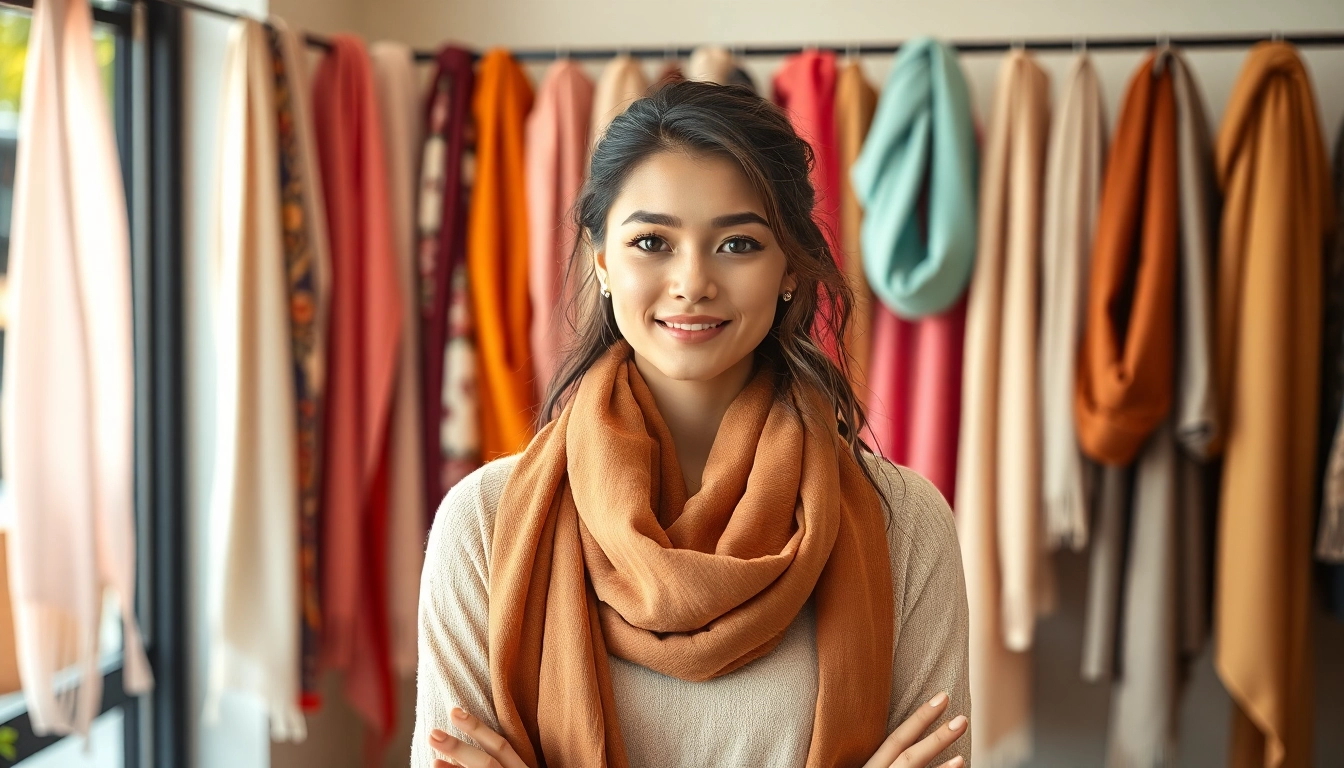 Model wearing scarves for women, showcasing vibrant colors and textures in an elegant boutique.