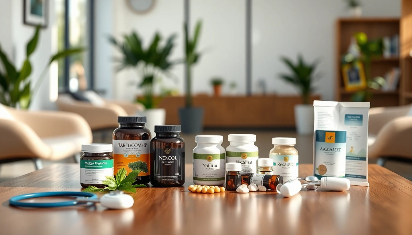 Showcase of nutritional health products from https://newimage.world/ in a professional clinic setting.
