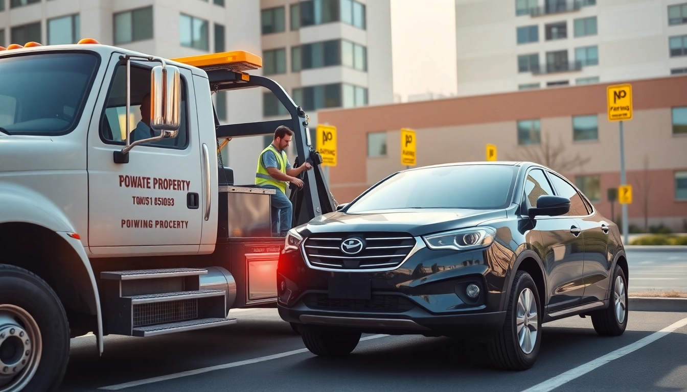 Professional tow truck performing Private Property Towing on illegally parked vehicle.