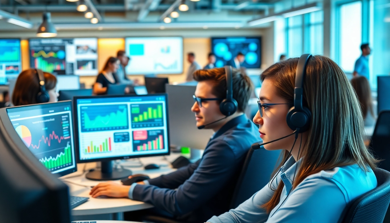 Agents actively utilizing Call Center Solutions in a vibrant, professional call center environment.