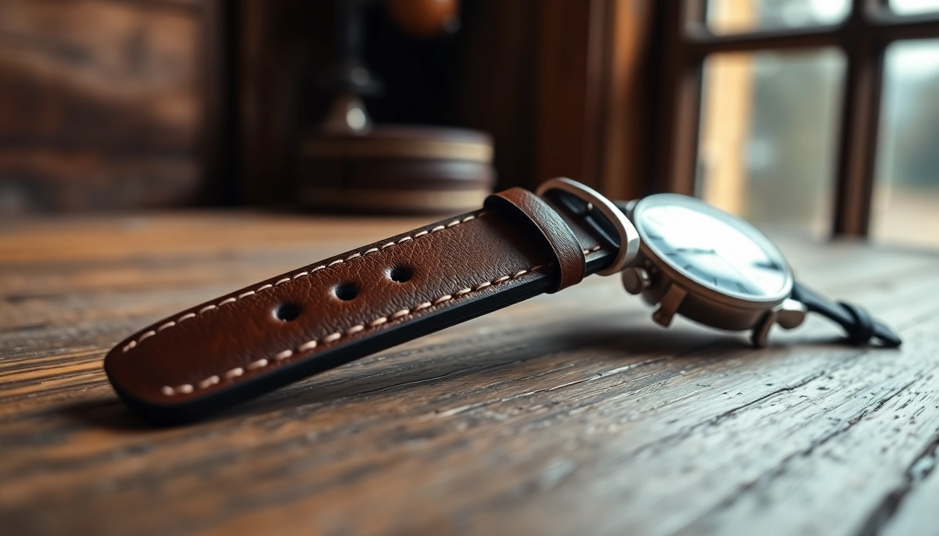 Showcase an 18mm leather watch strap with intricate stitching and texture on a wooden table.