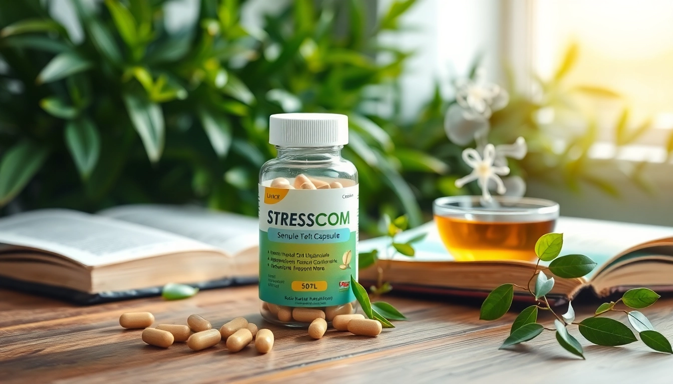 Stresscom capsule uses in Hindi illustrated with tranquil wellness elements including herbal tea and nature.
