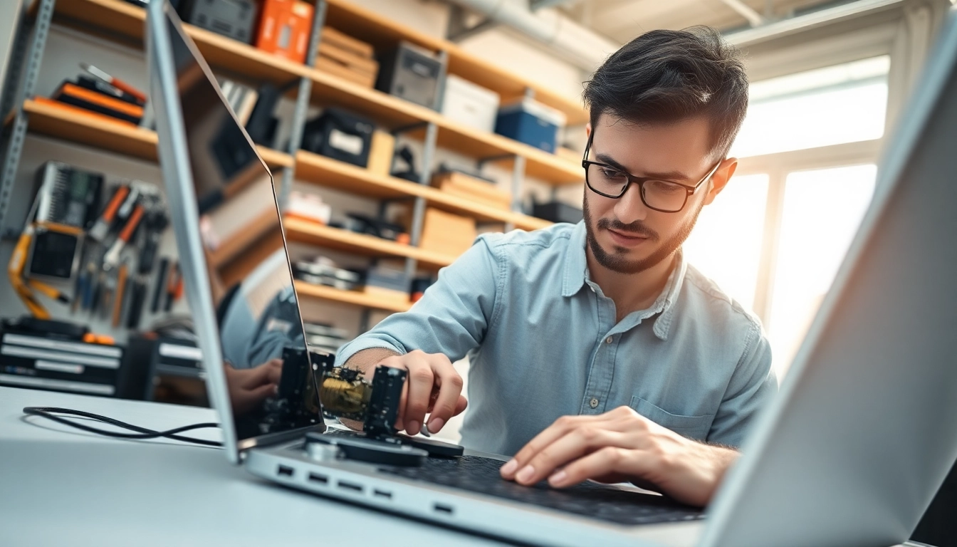 Technician providing expert computer services in a modern workshop with focused attention.