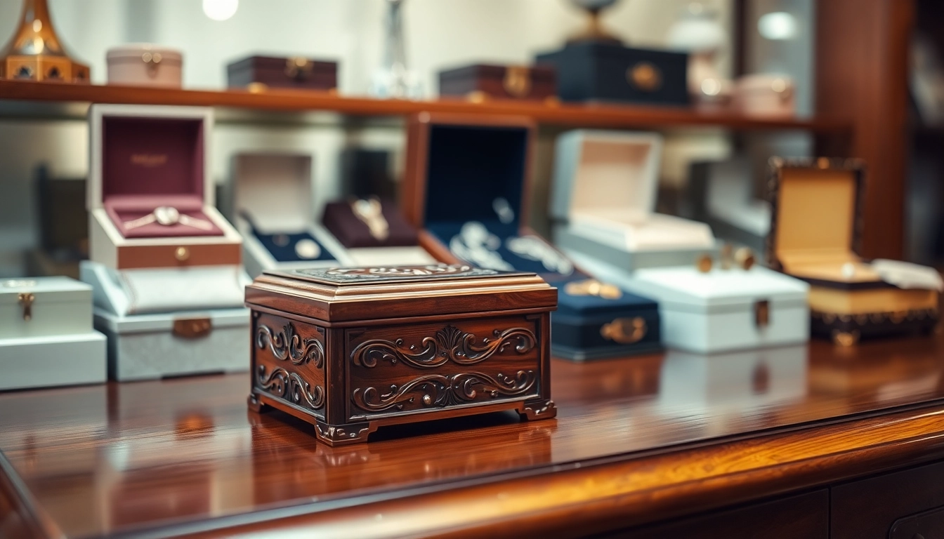 Showcase of exquisite jewelry boxes highlighting intricate designs and craftsmanship.