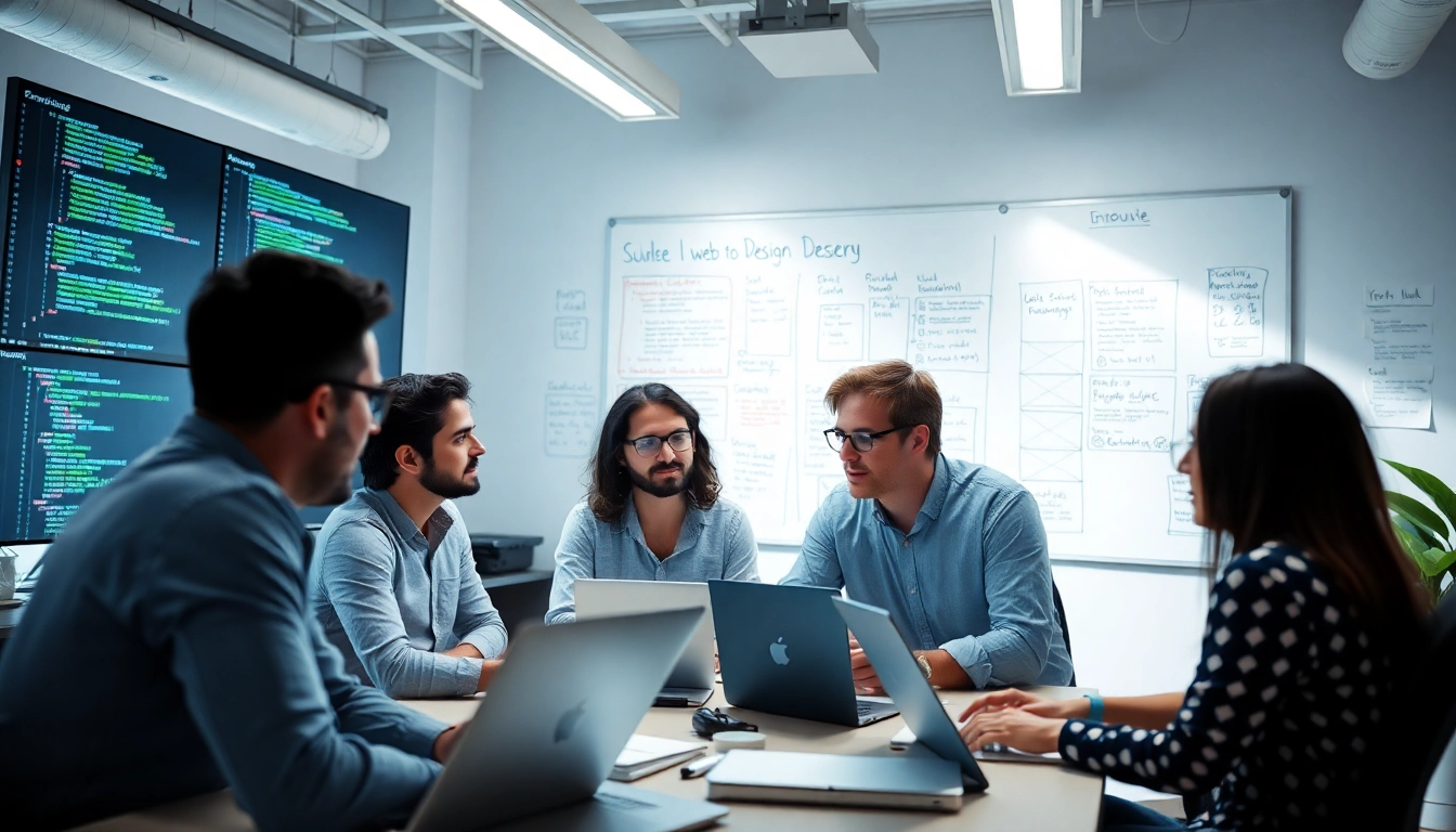 Team engaging in web development activities in a bright, collaborative office environment.