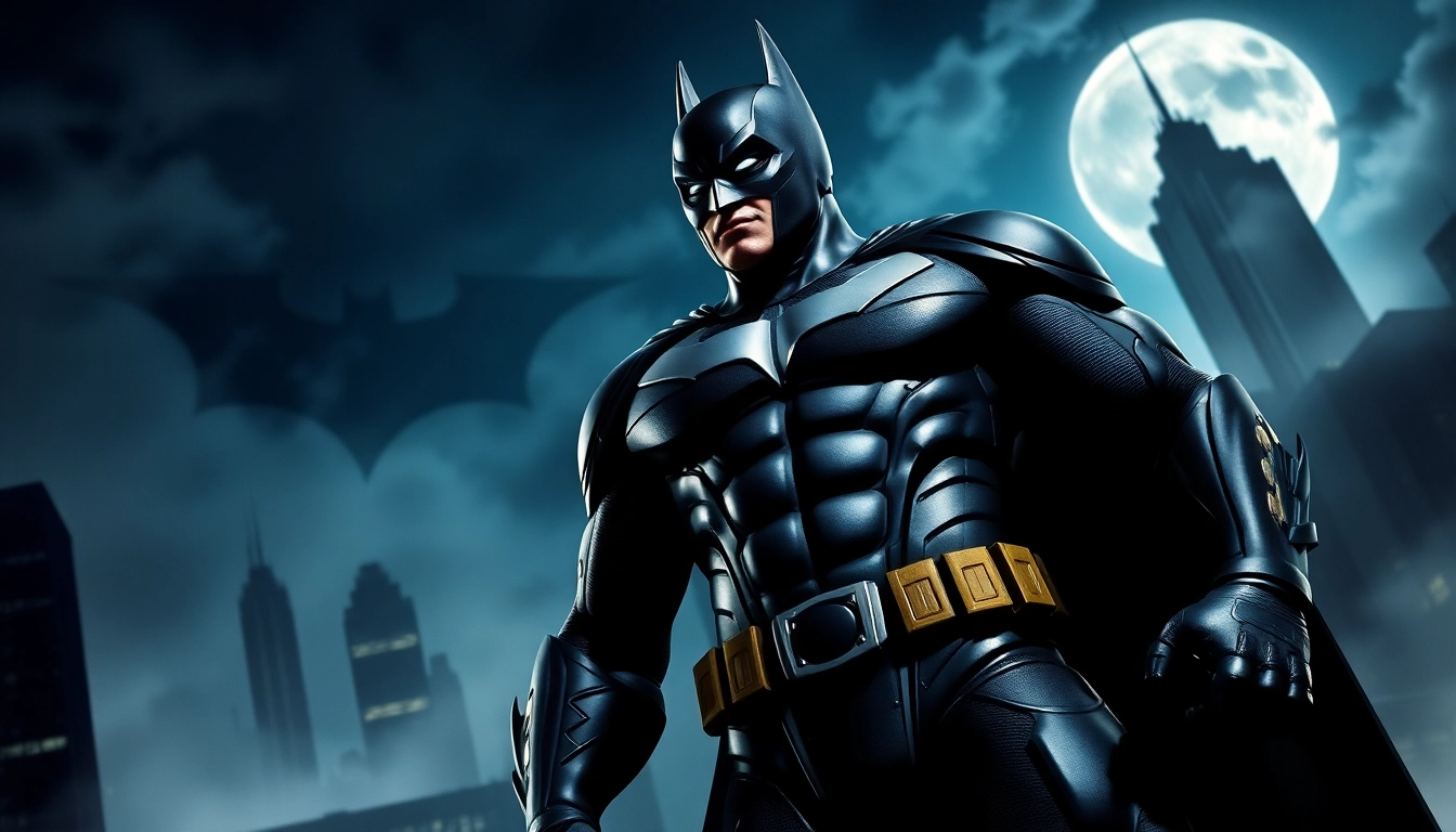 Menampilkan game batman138 dengan karakter superhero dalam pose aksi yang dramatis di kota Gotham.