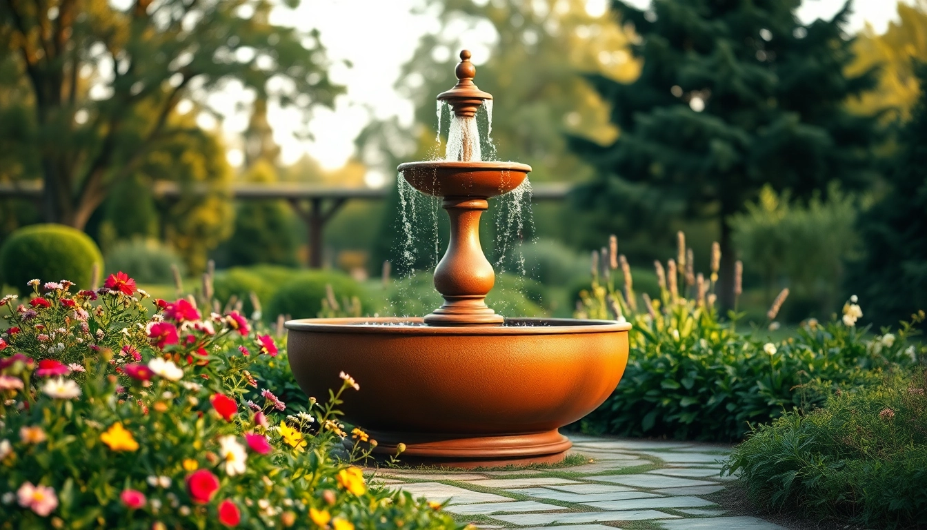 Eleganter cortenstahl brunnen in einem Blumengarten, der eine friedliche Atmosphäre schafft.