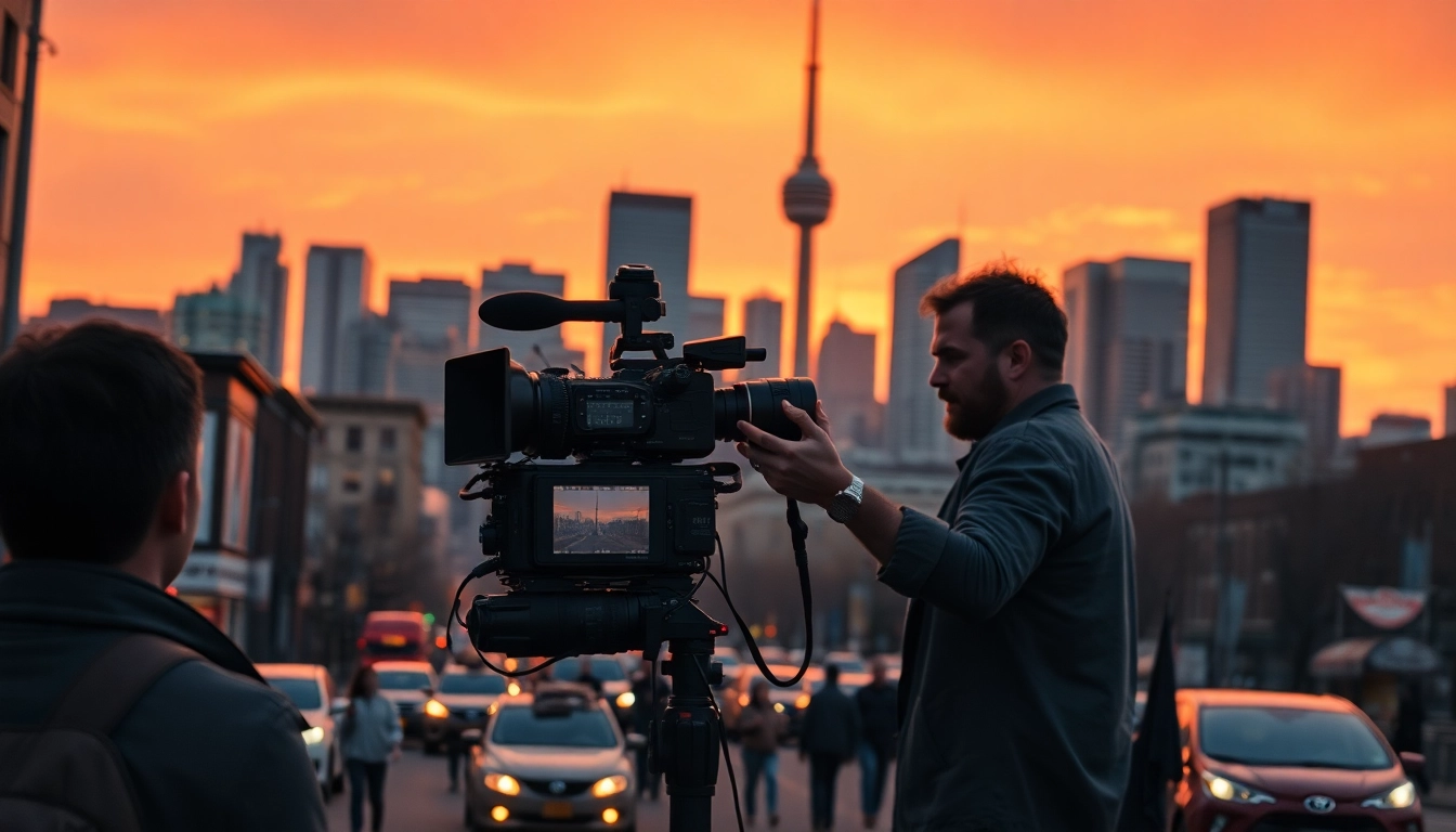 Filmmaker capturing Stories Documentaries Toronto's urban narratives against a beautiful sunset.