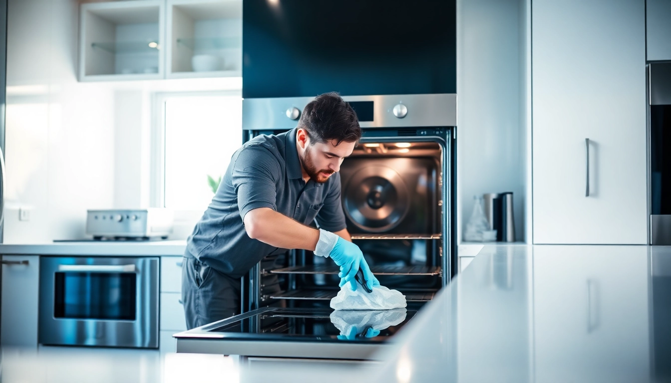 Oven cleaning dubai service showcasing a technician cleaning an oven in a bright kitchen.