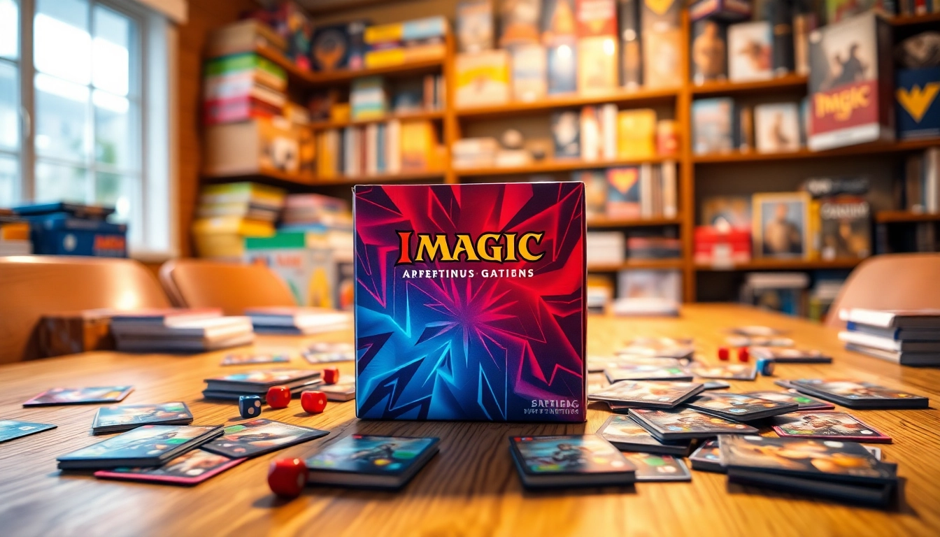 Showcase of a booster box amidst a dynamic gaming atmosphere with collectible cards and colorful games.