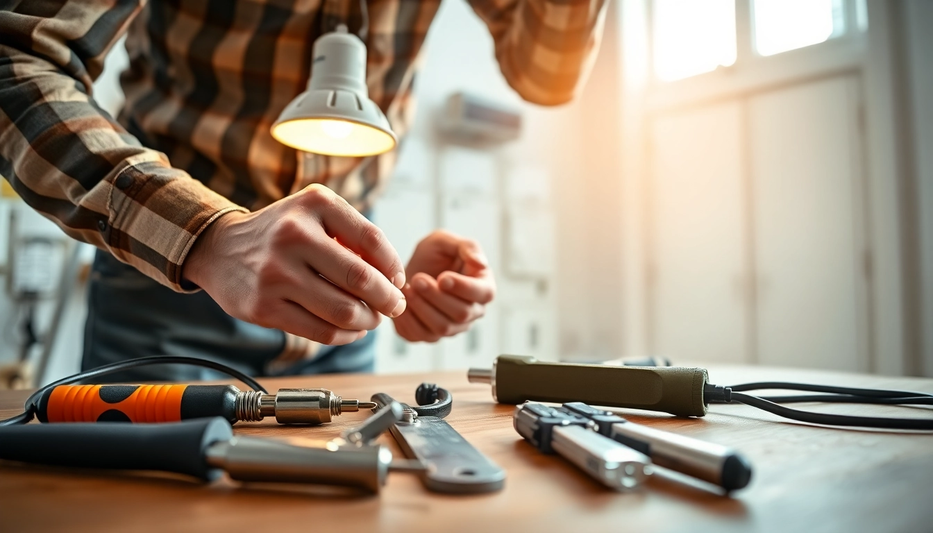 Electrical contractor skillfully installing fixtures with precision in a modern home.