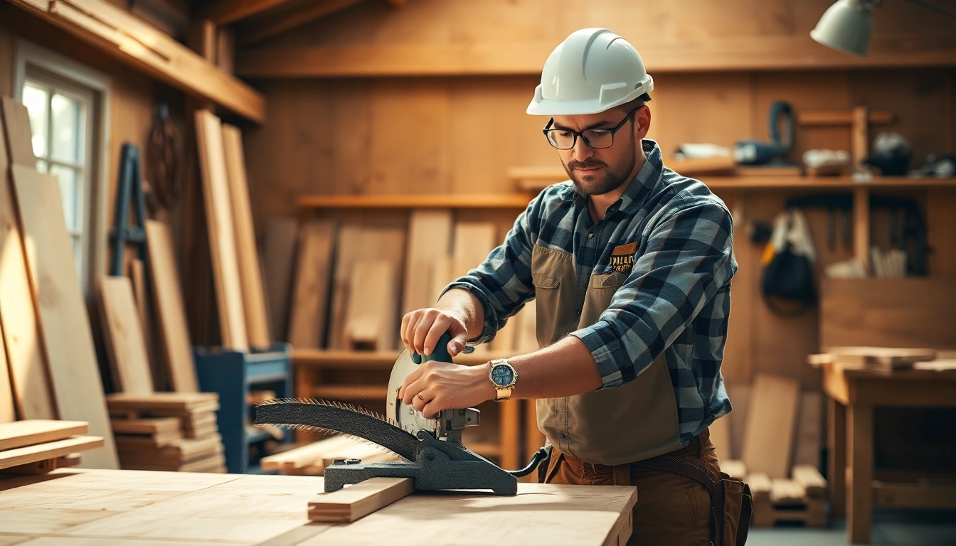 Find carpentry apprenticeship near me through a professional carpenter working in a vibrant workshop.